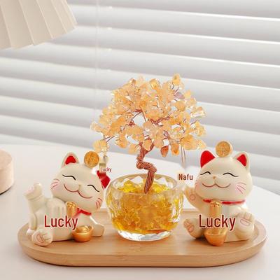Citrine Money Tree Cat Figurine: Perfect for Hallway Decoration, Office Decor, or As a Housewarming and Birthday Gift.