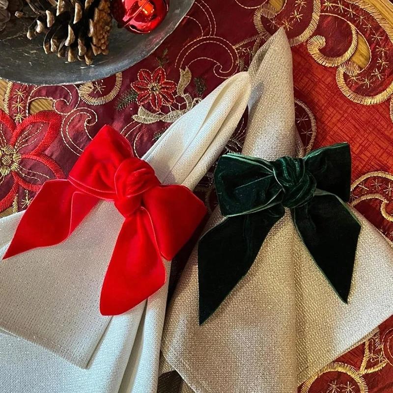 6pcs Napkin Clasp Bow Christmas Napkin Rings Chic Velvet Bowknot For Xmas Dinner Parties Wedding Holiday Home Napkin Holders