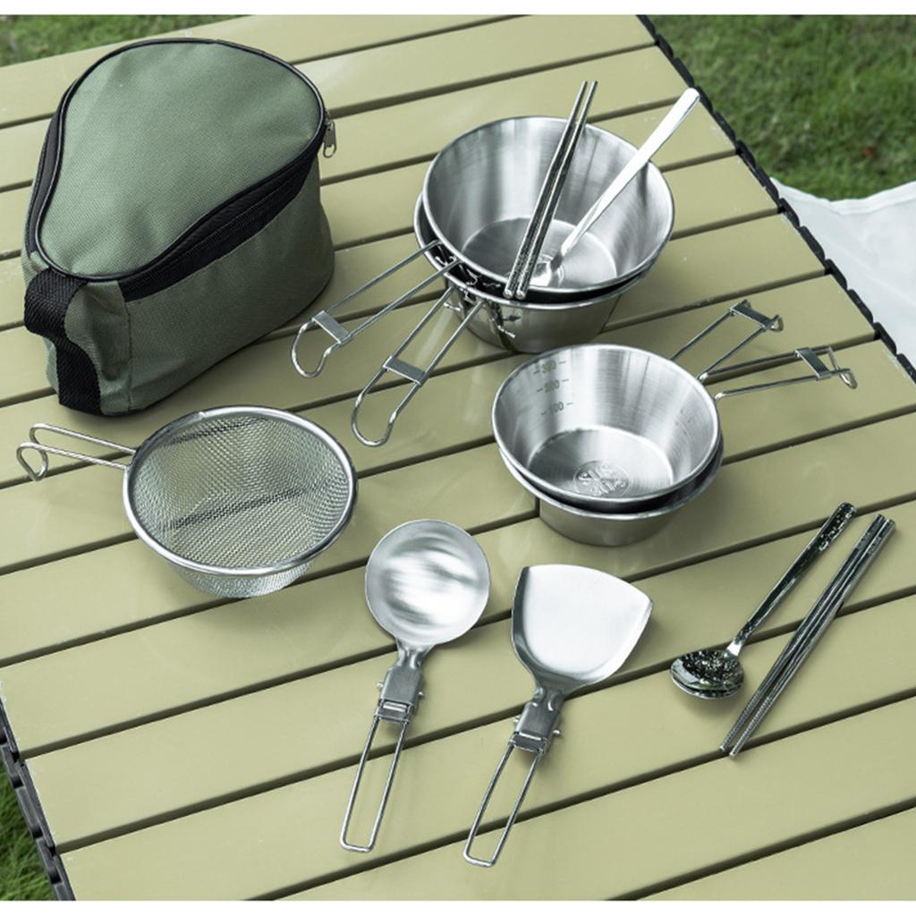 Camping Cutlery Set Stainless Steels Camp Dinnerware Cooking Tableware with Plates Bowls for Outdoor Backpacking Picnics