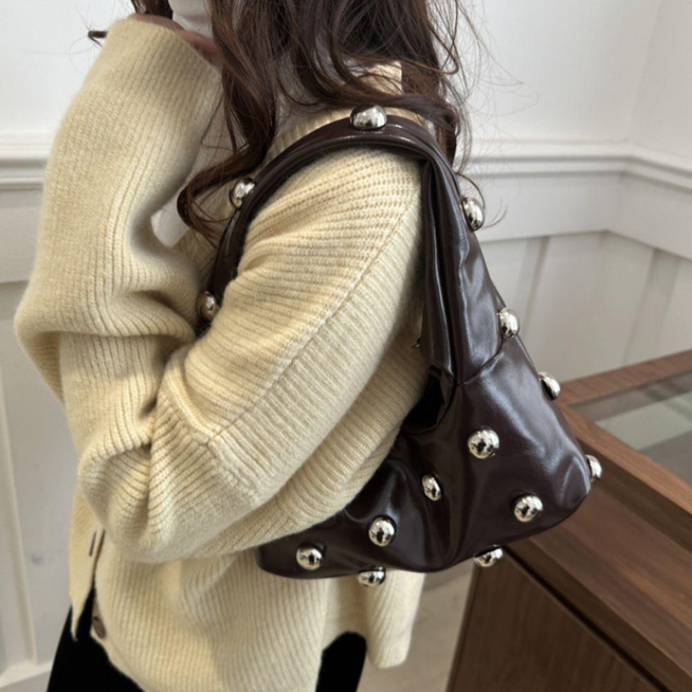 PU Leather Rivet Underarm Bag Punk Style Women's Handbag Vintage Rivet Shoulder Bag  Girls
