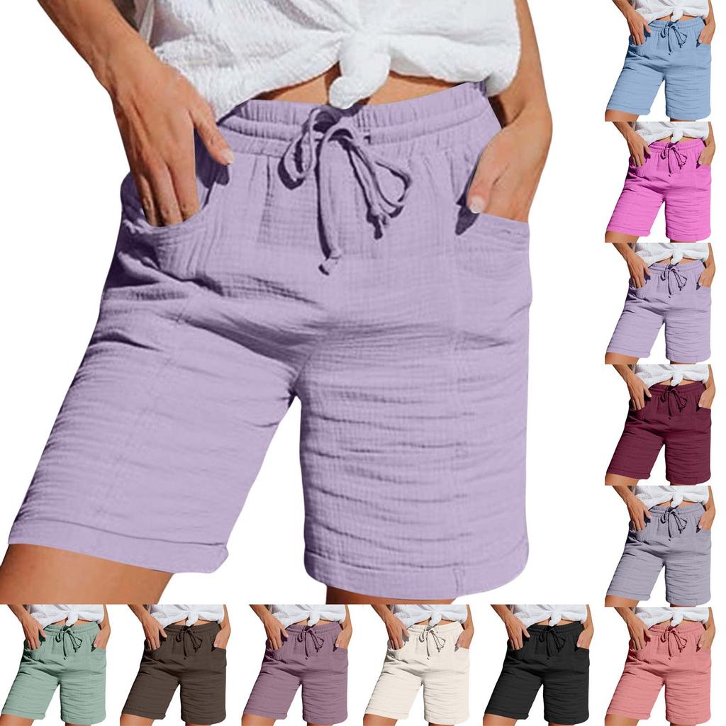 Pants For Women Casual Summer Solid Color Elastic High Waist Cotton And Linen Loose Pants Drawstring Pocket Mid Leg Pants