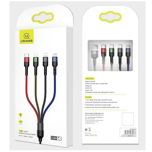 Usams Kabel Pleciony U26 4W1 0.35M 2Afast Charge (2Xlightning/Microusb/Usb-C) Sj411Usb01 (Us-Sj411)