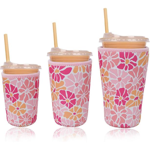 Reble Ulated Neoprene Iced Coffee Cup Sleeve, Durable Drink Sleeve for Cold Beverages, Beverage Holder for Iced Coffee, Floral Checkers