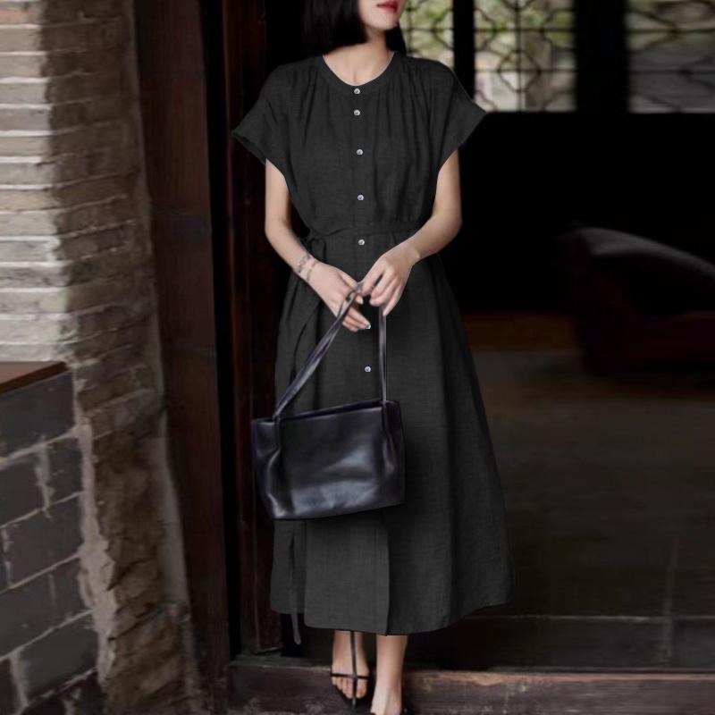 

ZANZEA Жіноча повсякденна сукня з круглим вирізом, однотонна, літня, з коротким рукавом 2XL чорний