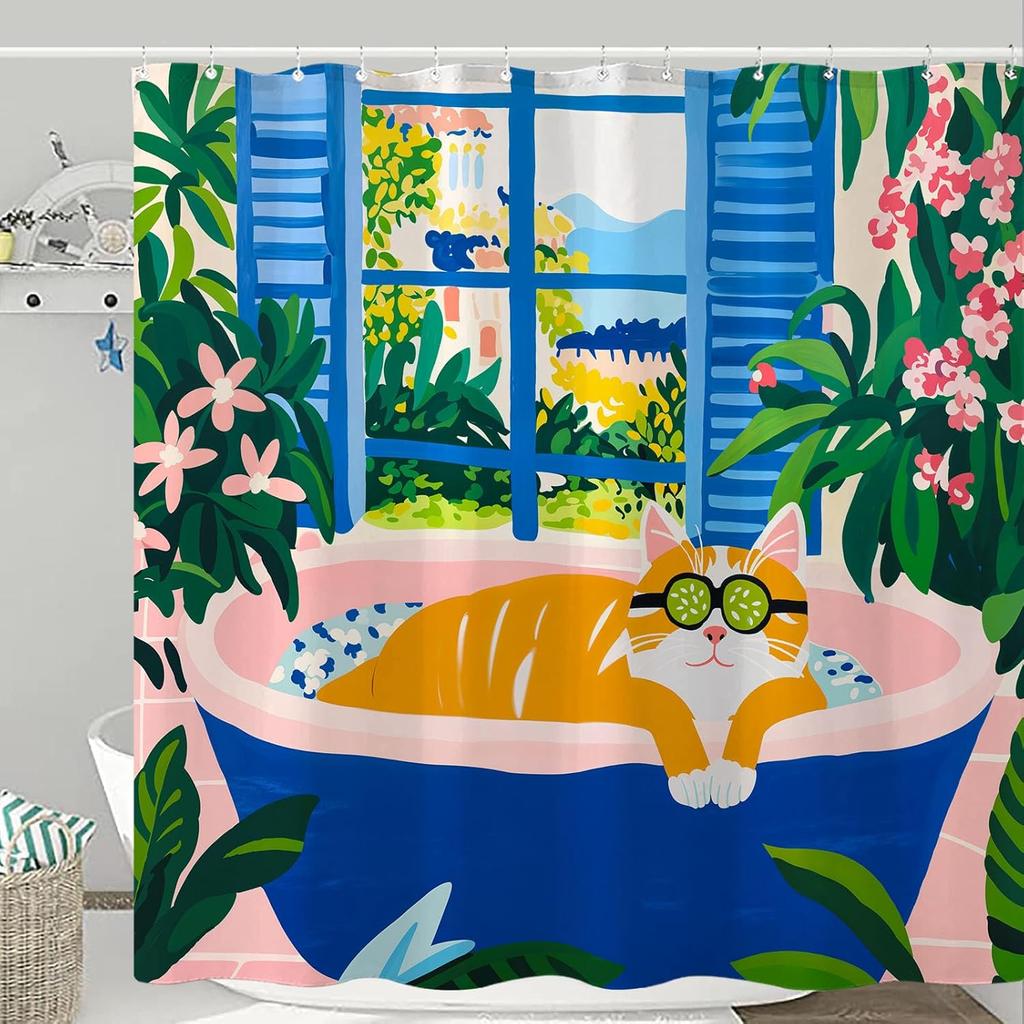 Adorable Cats Shower Curtain Set Cozy Plant Pot Design Waterproof Bathroom Shower Curtain Cute Feline Group Print Charming Home