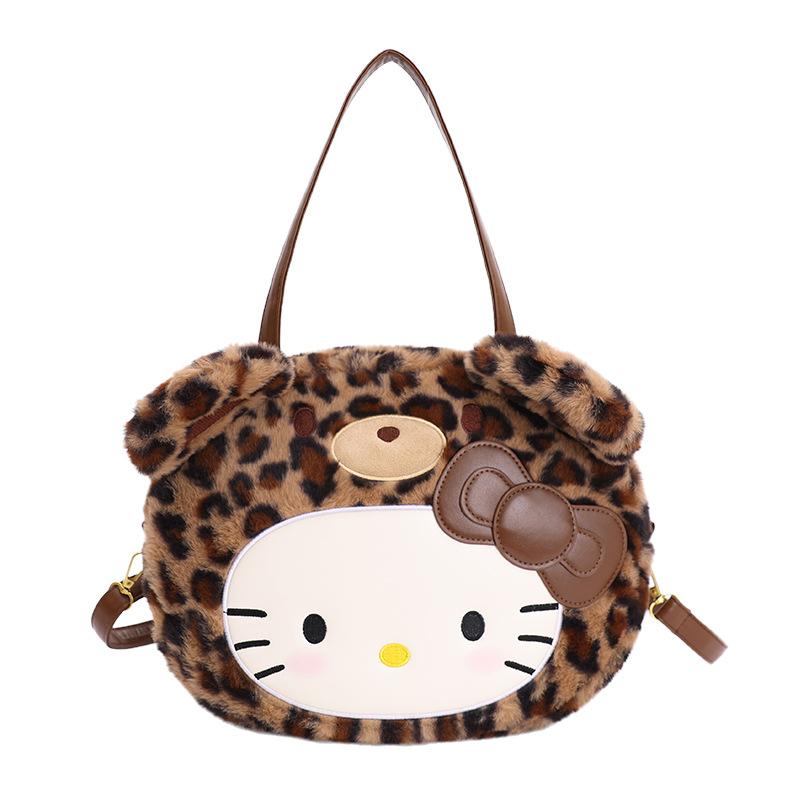

Korean Version Backpack Shoulder Leopard Print Hello Kitty Big Face Single Shoulder Crossbody Bag Plush Cartoon Cute Casual KT Handbag with charm