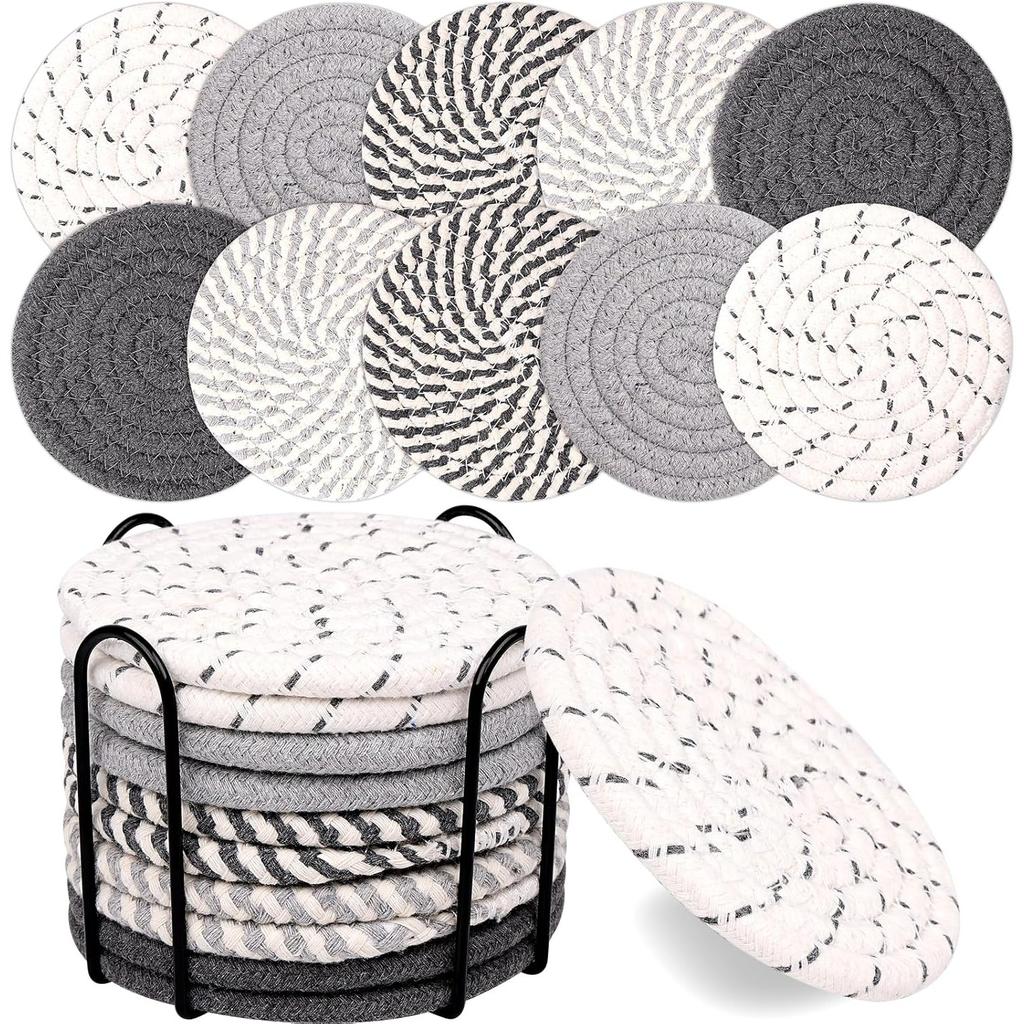 Drink Coasters with Holder, Absorbent Coasters for Coffee Table, Minimalist Cotton Woven Coaster Set for Home Decor Tabletop Protection .