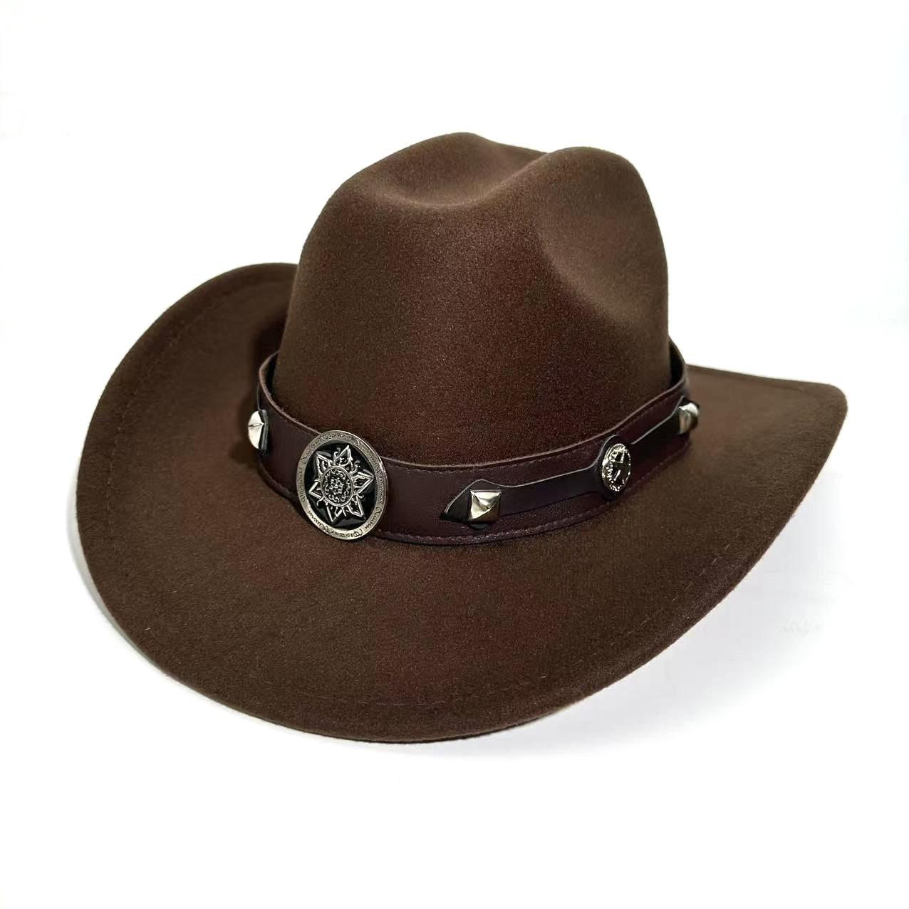 

Spring And Summer European And American Style Woolen Western Cowboy Hat Men And Women Ethnic Wind Roll Along Top Hat Shade Jazz Hat Tide M（56-58cm） темно-коричневого кольору
