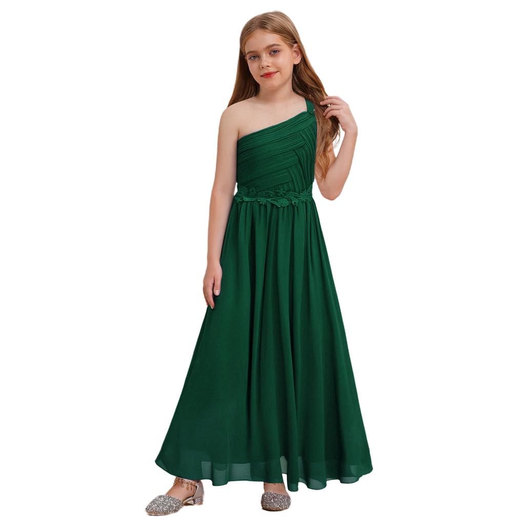 Girls Elegant One Shoulder Party Dress Guipure Lace Detail Flattering Ruched Chiffon Maxi Evening Dress