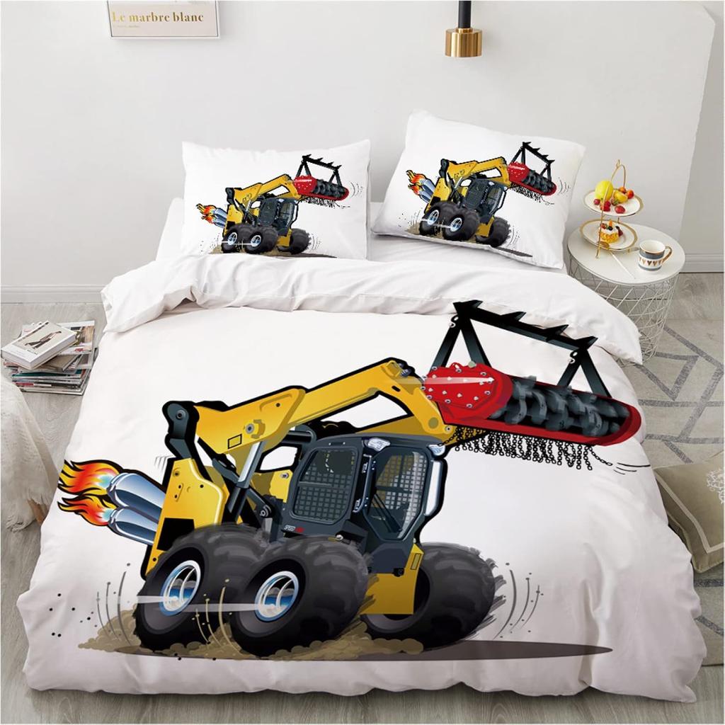 Boys Excavator Bedding Duvet Cover King Bed Engineering Construction Vehicles Digger Kids Boys Quilt Cover Set with Pillowcase