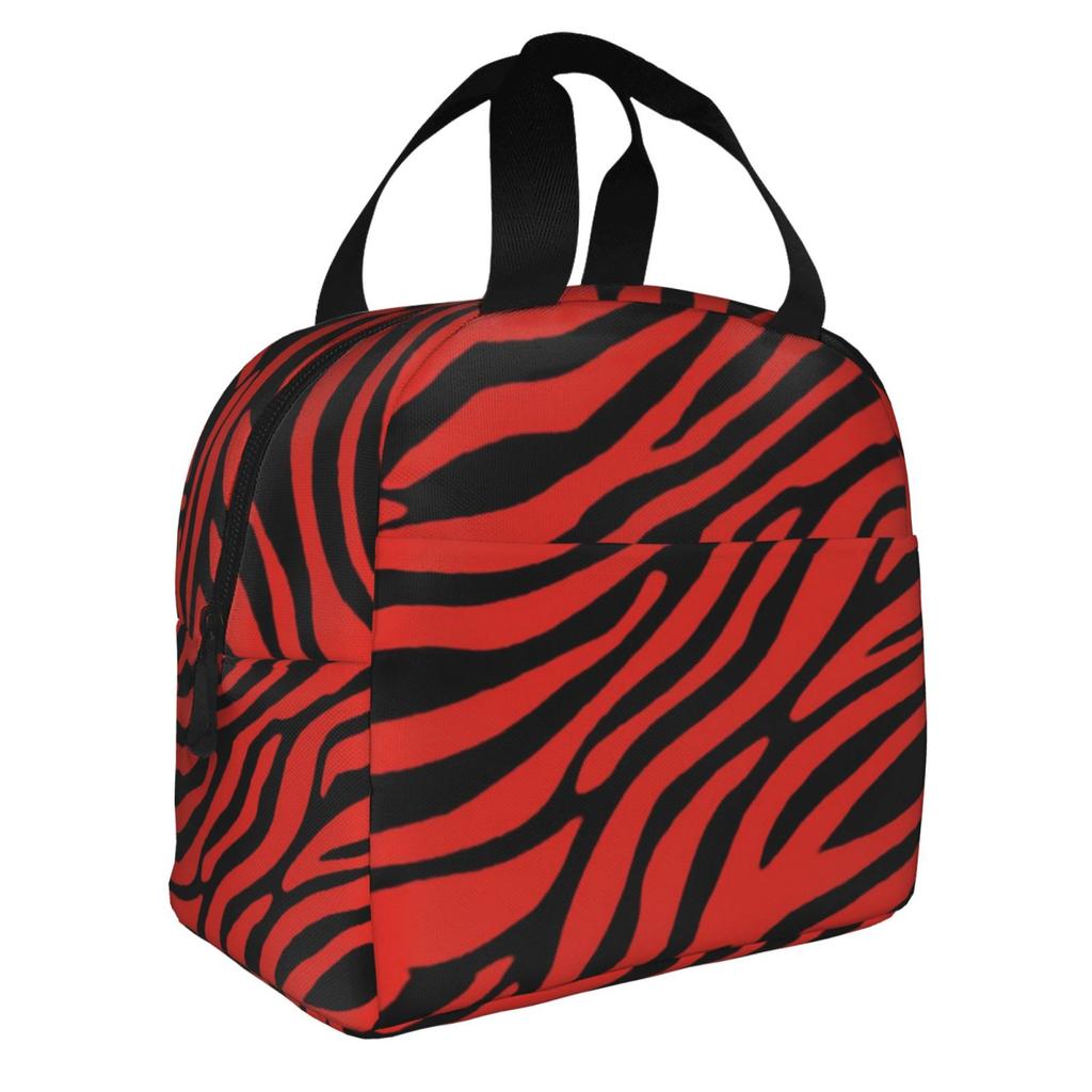 Red Tiger Stripe Print Lunch Bag Waterproof Insulated Canvas Cooler Bag Thermal Cold Food Picnic Travel Tote for Women Children