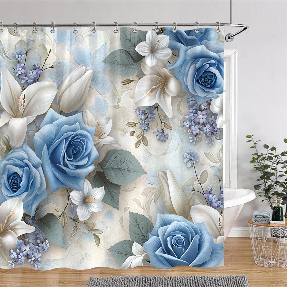 Pretty Roses Shower Curtain Mysterious Purple Flower Butterfly Valentine's Gift Polyester Bath Curtain Bathroom Decor with Hooks