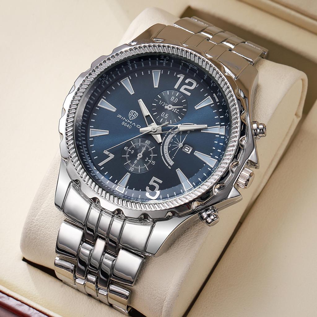 Men'S Speedmaster Business Large Dial Steel Belt Multifunctional Digital Face Calendar Waterproof Watch