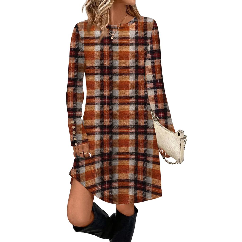 Rochie Casual de Damă la Modă Cu Buzunar, Nasturi Decorativi, Gât Rotund și Mâneci Lungi