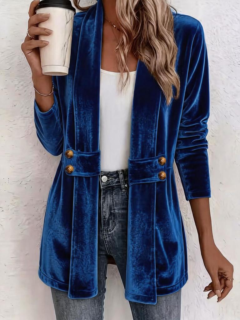 Women Velvet Blazer Open Front Lapel Collar Double Breasted Decor Long Sleeve Coat Multi Color