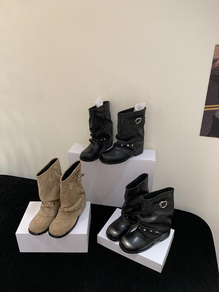 Coarse Heel Tube Pants Tube Martin Boots Women's Shoes 2025 New Thin Pile Boots with Skirt Spring and Autumn Single Boots Short Boots