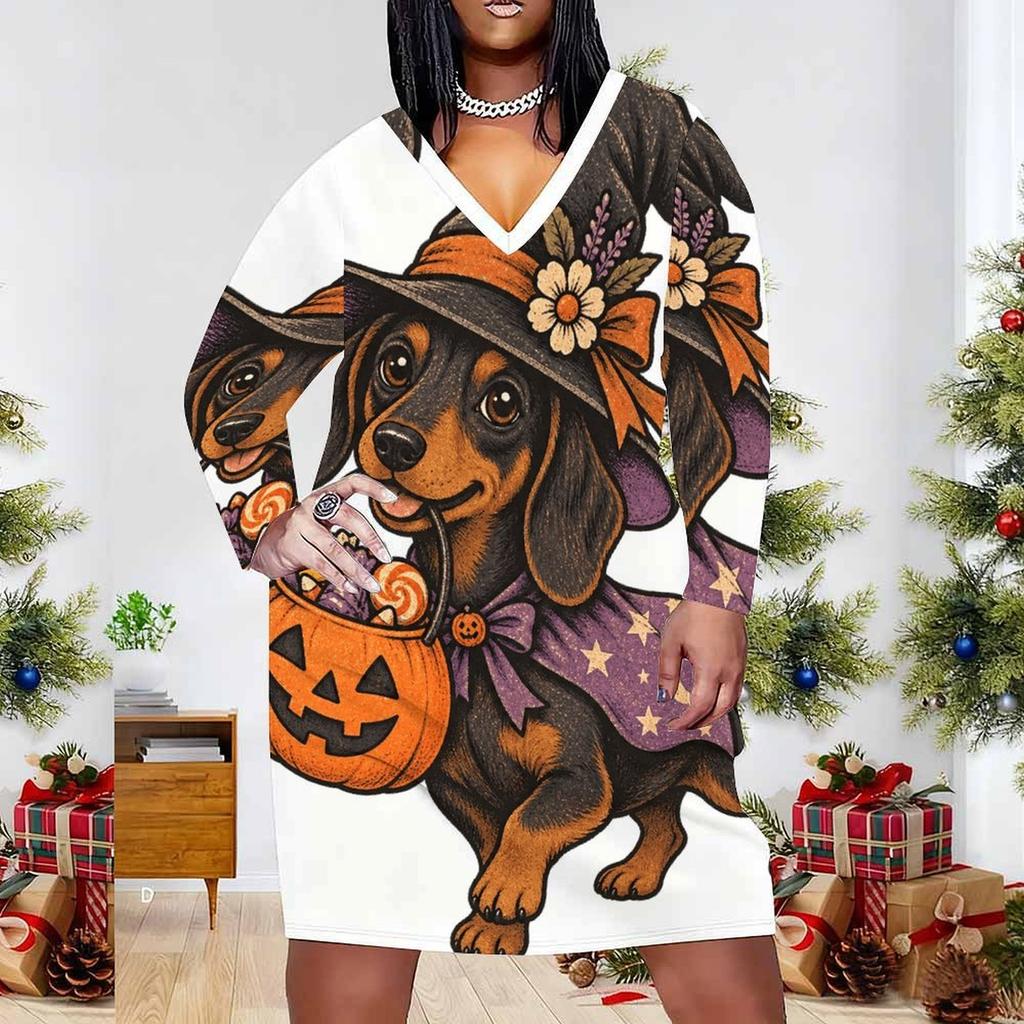 Women Plus Size V Neck Long Sleeve Fitted Straight Hem Dress Halloween Dachshund Printed White