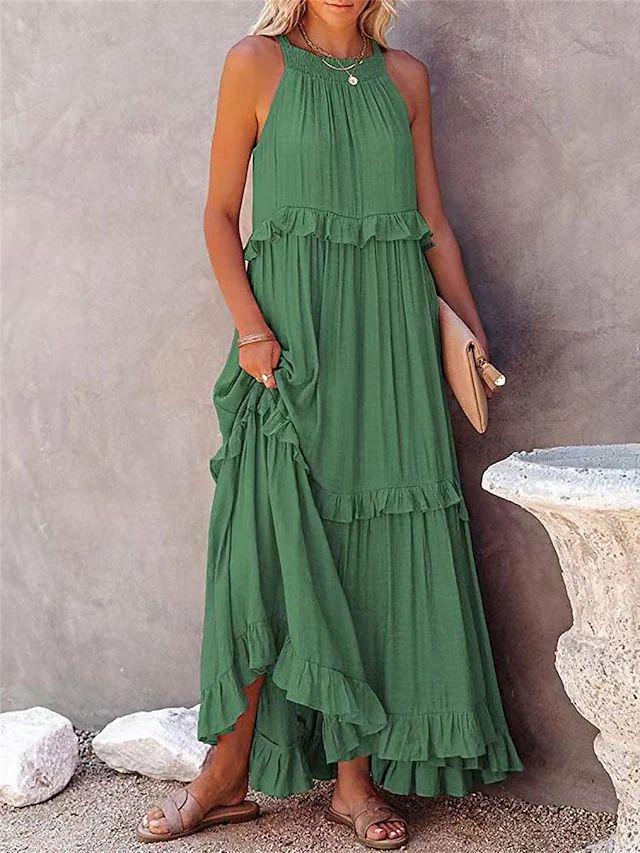 European and American 2025 Summer Ruffle Long Dress - Women's Flowing Holiday Beach Style