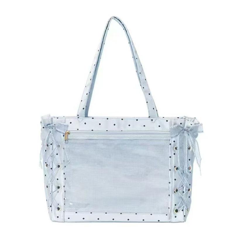 

Cute Polka Dot Canvas Tote Bag Women Large Capacity Shoulder Bag With Lace Bow Ribbon Decor Casual School Use Commuter Tote Bag 36x12x28cm синий