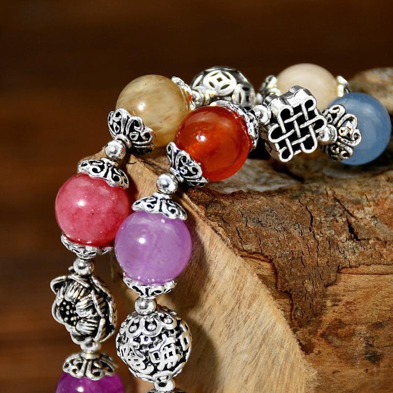 GemChic Women's Ethnic Colored Agate Crystal Elephant Pendant Alloy Flower Beads Bracelet Classical Retro Birthday Christmas Jewelry Gift