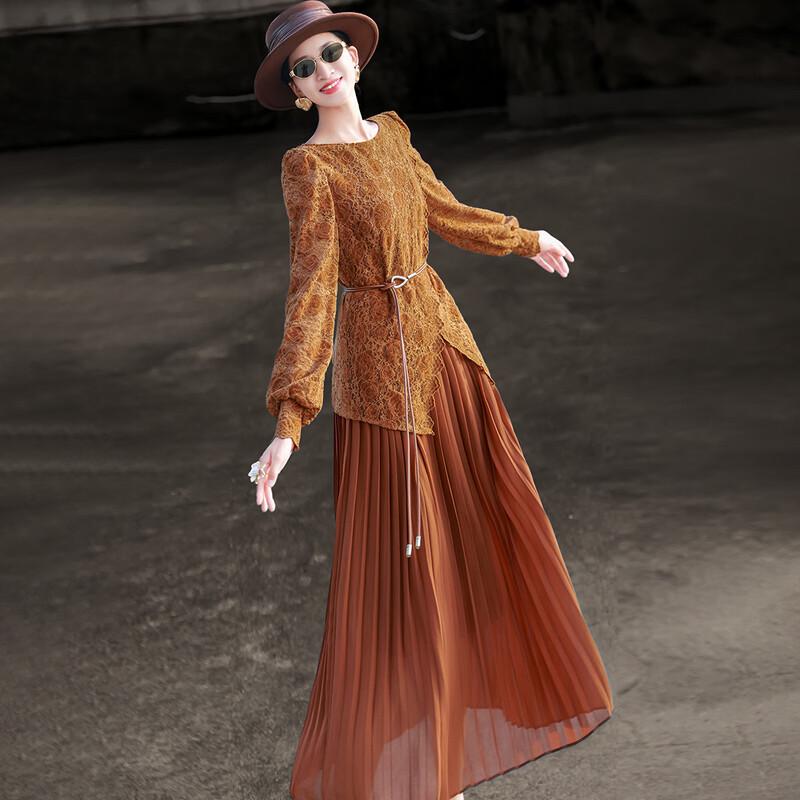 Vintage Lace-Paneled Pleated Long-Sleeve Midi Dress