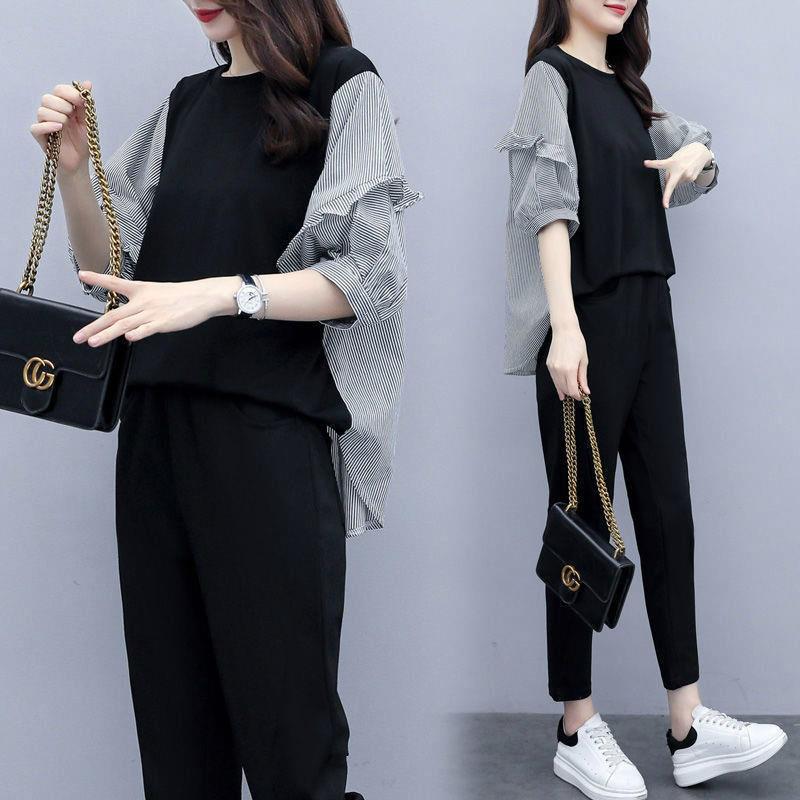 Plus Size Women's Summer Style Fat Girl Casual Loose Slimming Belly-covering Striped Two-piece Set