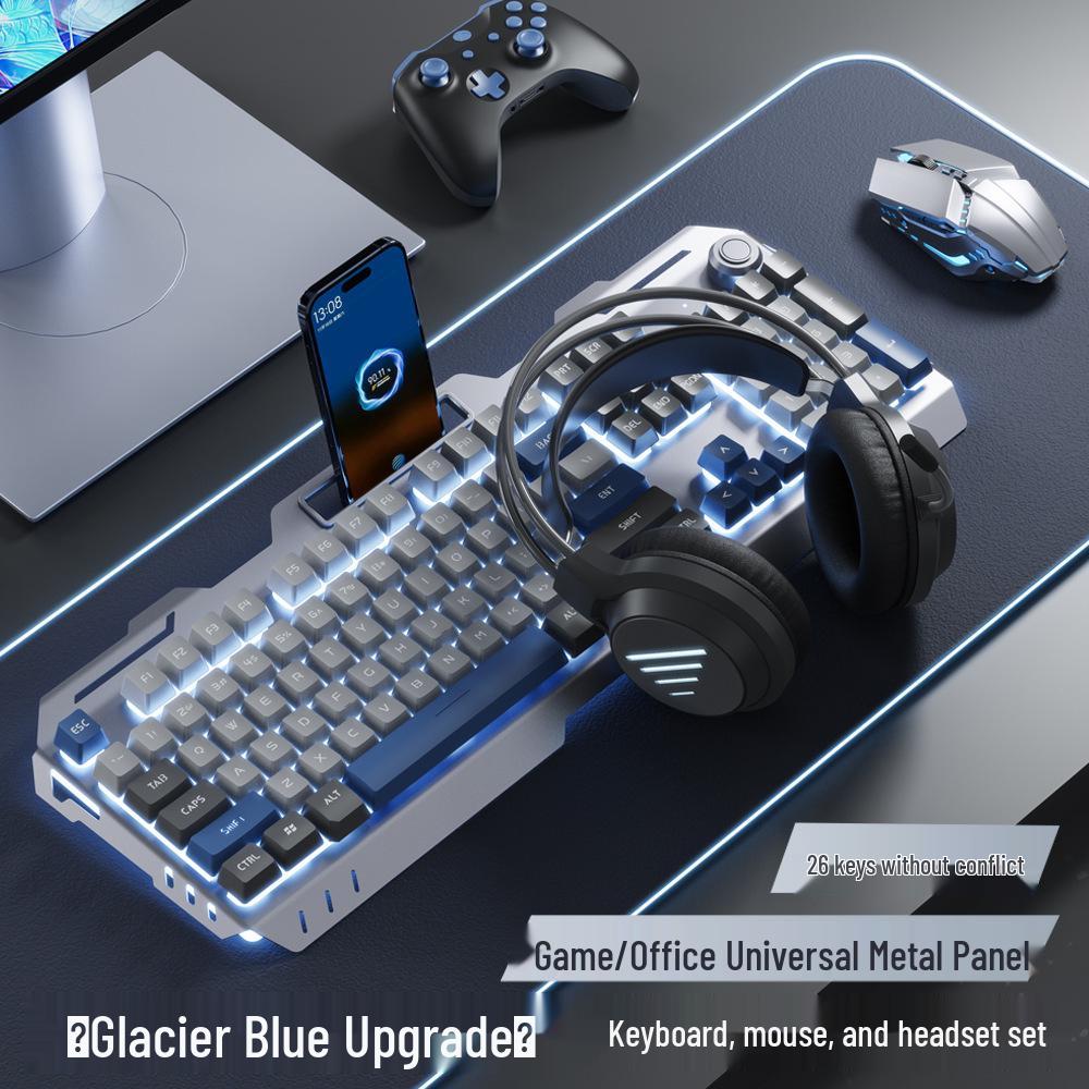 Men's Esports Three-Piece Set: Wired Metal Mechanical Keyboard, Mouse, and Headset for Gaming.