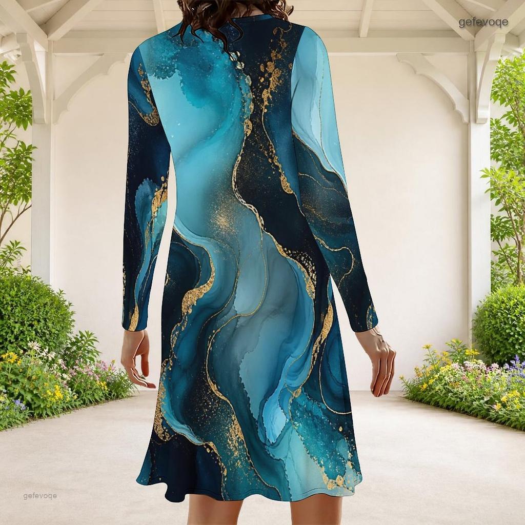 Women Plus Size Long Sleeve Round Neck A Line Black Golden Floral Printed Dress