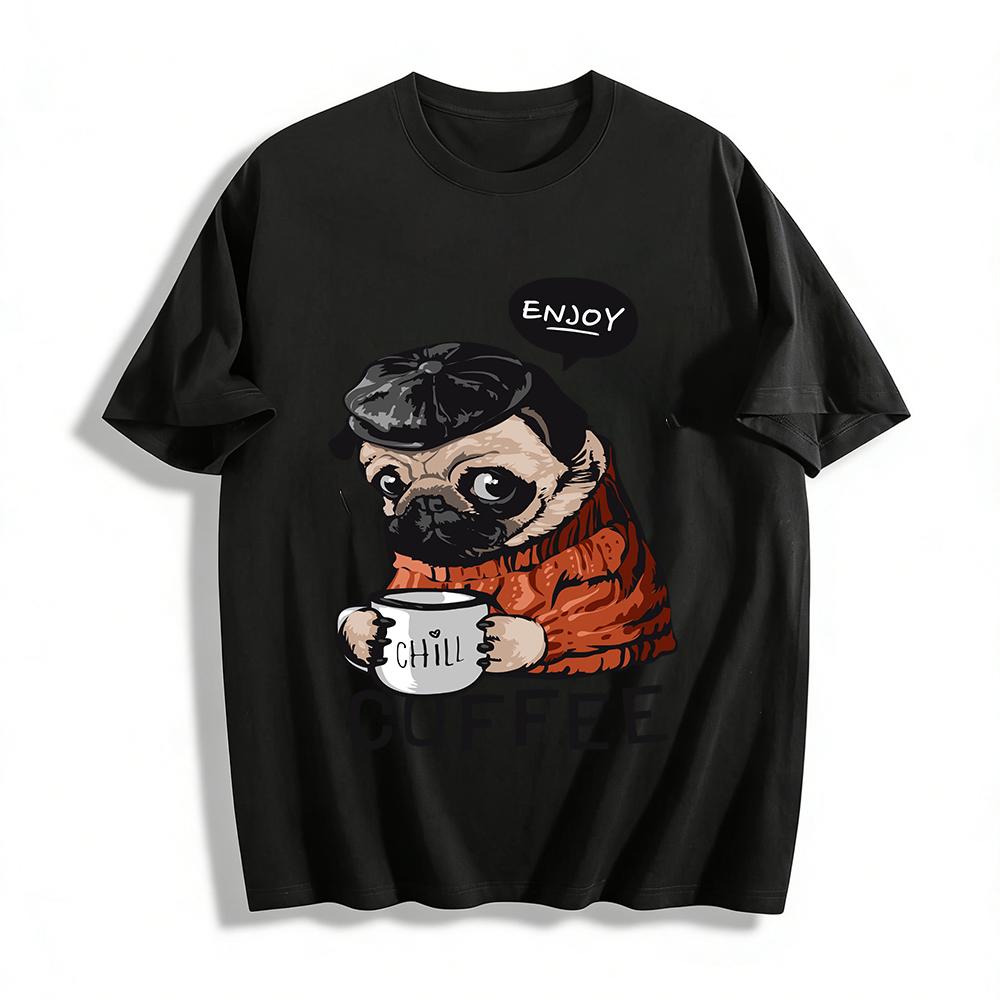 Chill Pug Enjoy Coffee Graphic Print Casual Top Pure cotton T-shirt XXS