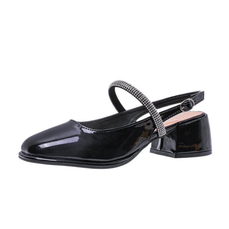 Size Large Size Women's Shoes Feet Wide Fat Baotou Thick Heel Sandals Women's Head Rhinestones Mary Jane Button High Heels