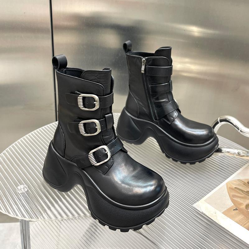 

Medium tube thick-soled retro Martin boots women s British style spring and autumn new single boots thick heel thin height-increasing muffin short b 40