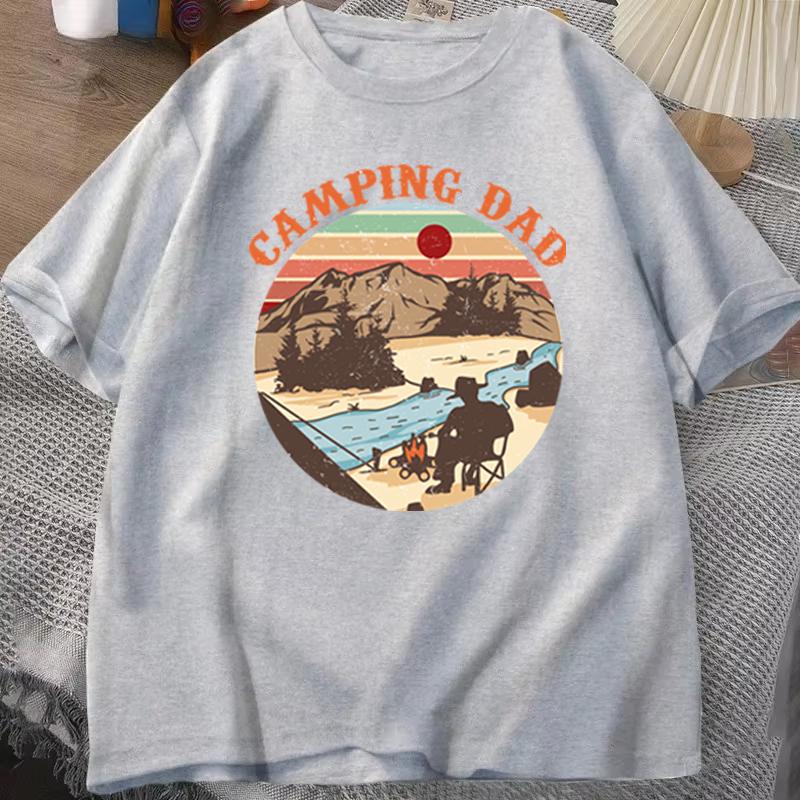 Outdoor Camping Dad T‑shirt "Camping Dad" Vintage Sunset Mountain Design Casual Short Sleeve Mens Tee Fathers Day Gift