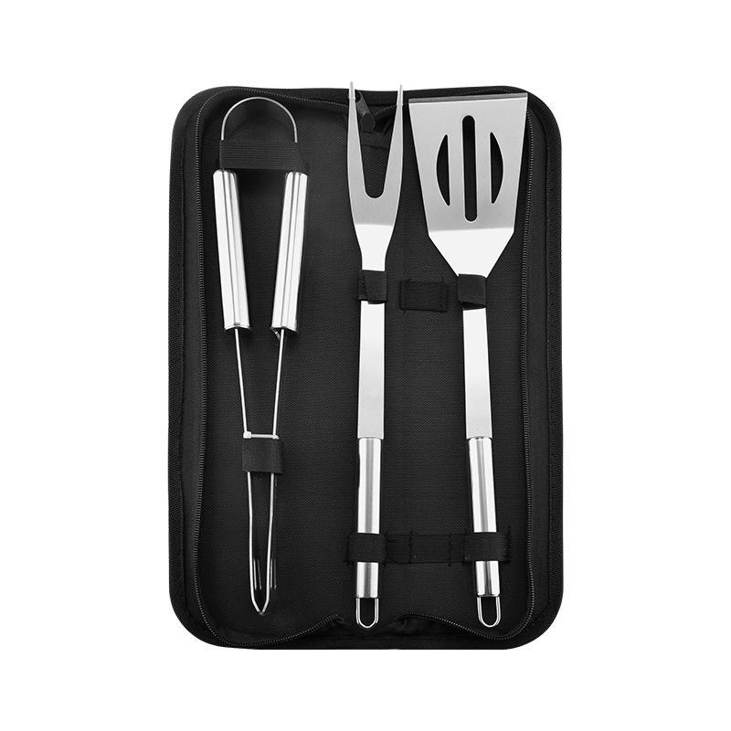 Portable Outdoor Stainless Steel BBQ Grilling Set with Fork, Spatula & Cloth Bag