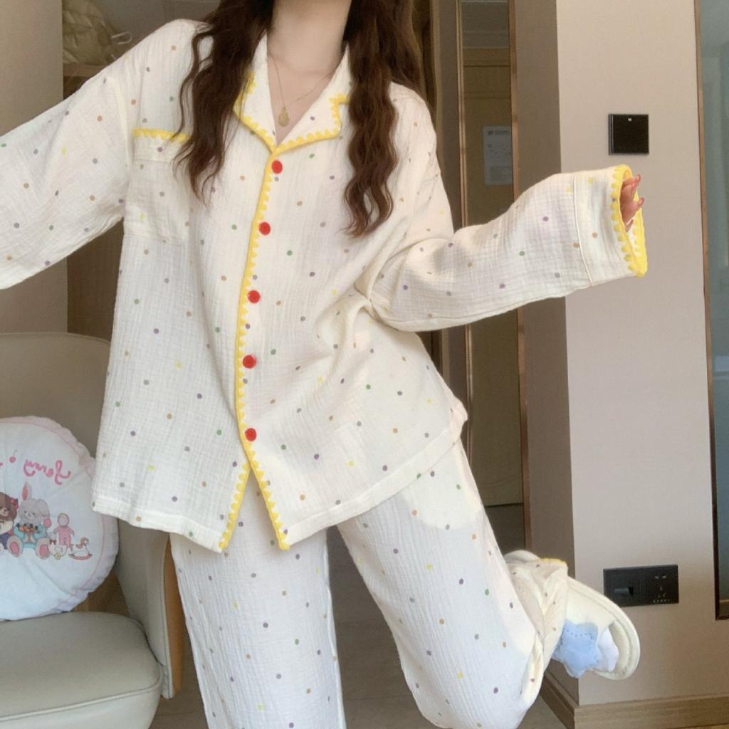 Color polka dot princess style girl pajamas spring and autumn lace long-sleeved trousers ins style suit women's loungewear