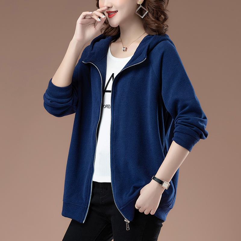 Women's Plus Size Hooded Sweatshirt - Spring/Autumn Medium-Aged Mother Loose Zipper Top with Velvet Lining