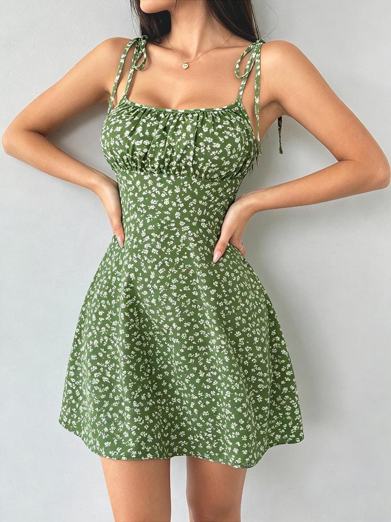 French Floral Gradient Spaghetti Strap Dress - Elastic Waist, Summer Vacation Style