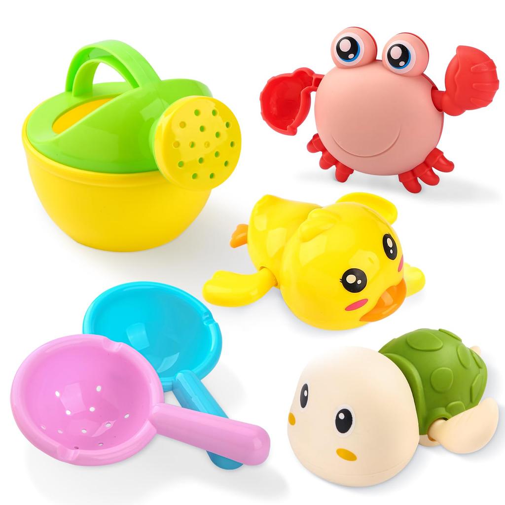 Qiqutop Water Play Toys, Pool and Bath Toys for Kids, 7-Piece Set with Watering Can, Ladle, Bucket, and Swimming Duck, Soft and Includes Storage Bag