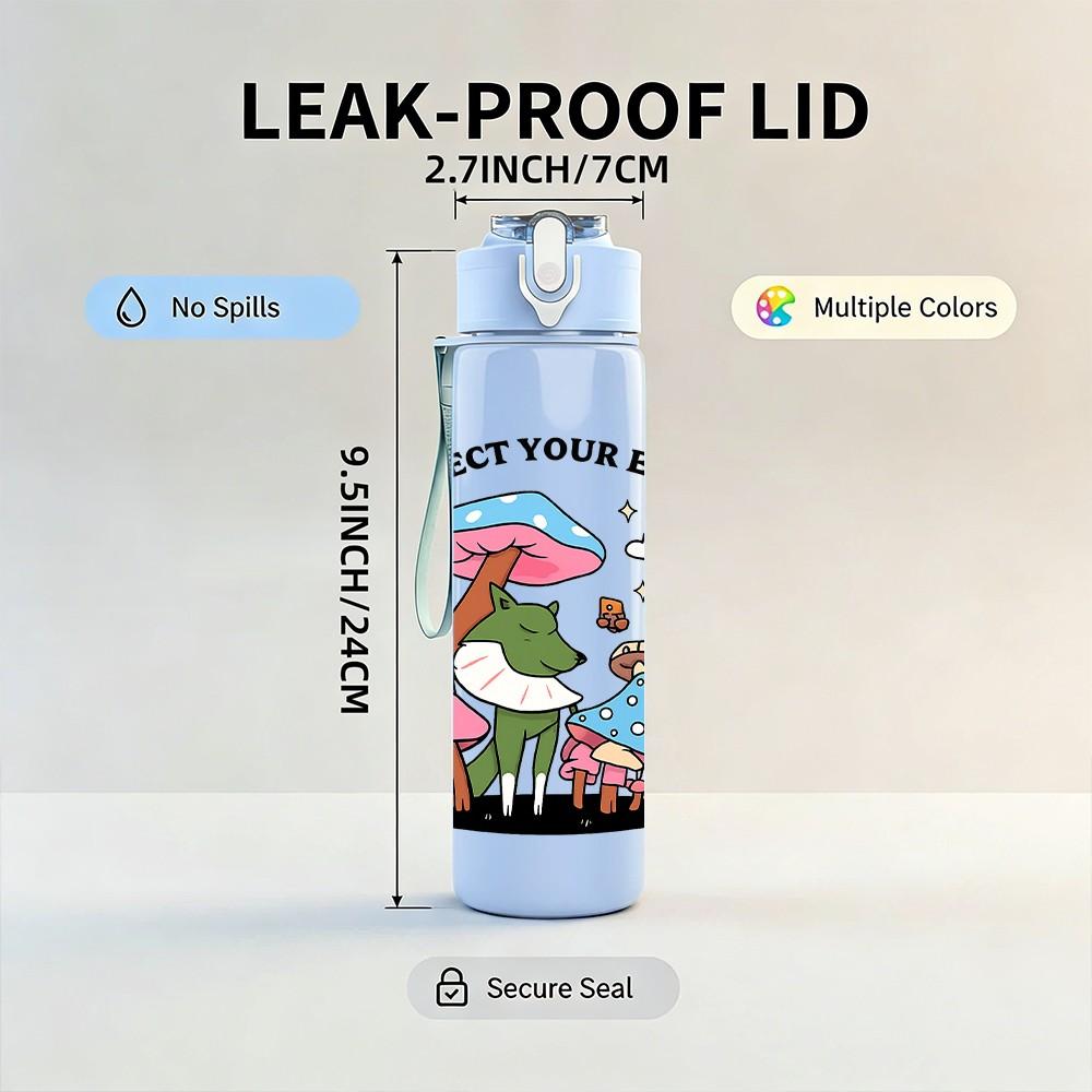 1PC Mushroom Elf Cartoon Print 750ml Color Plastic Sports Water Bottle Leakproof Flip Straw Lid Suitable for Sports Office Home Use