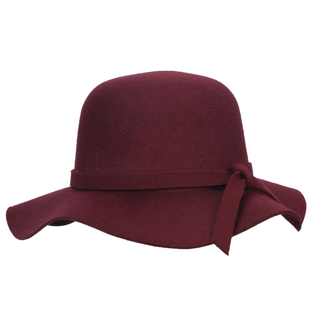 Female Hat French Retro Bowler Hat Women Wide-brimmed Wavy Fedora Hat Autumn and Winter Bow Hat Hat Adult Children Hat