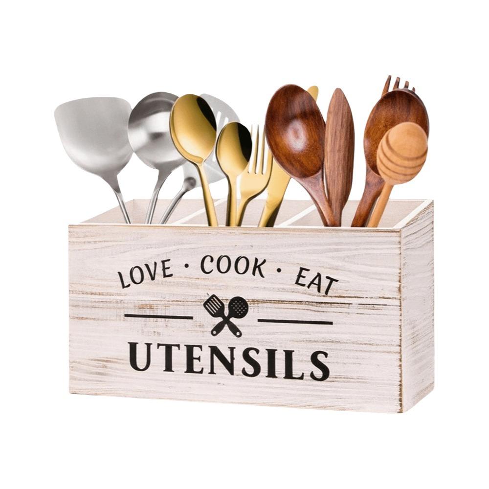 

Wooden Spoon Fork Storage Box Large Capacity Space Saving Tableware Storage Rack Decorative with 3 Compartments белый