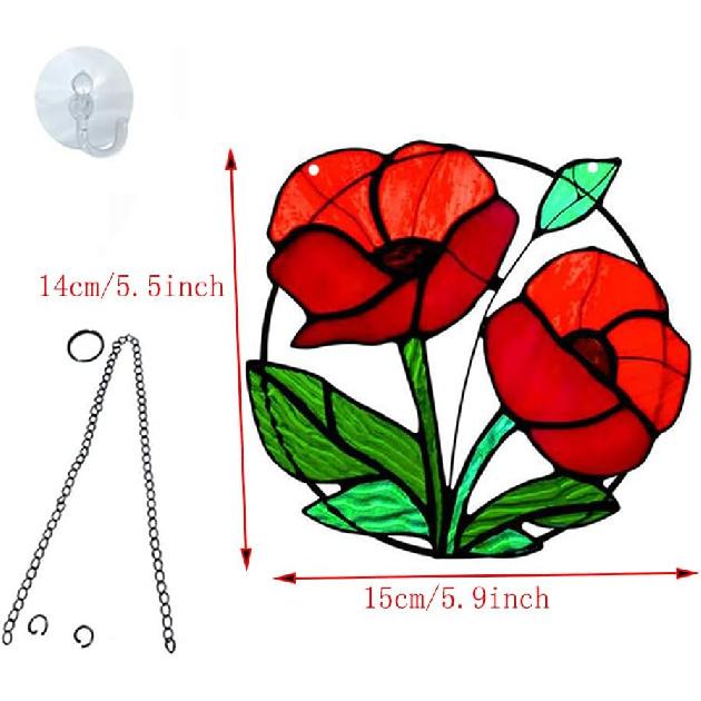 Red Flowers Stained Acrylic Window Hanging, Red Poppy Acrylic Window Decor Stained Panel Hangings Wall Art Decor for Easter All Seasons Home
