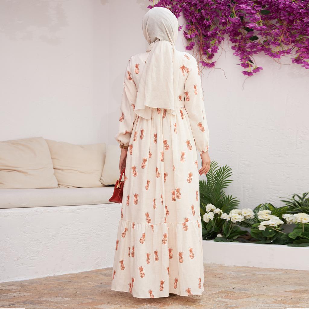 Ananas Wzorzyste Kobiety Sukienka Opasana Połowa Podszyta Zapinana Na Zamek Islamski Muzułmański Nowy Sezon Letni Model Tkanina Lniana Made in Turcji