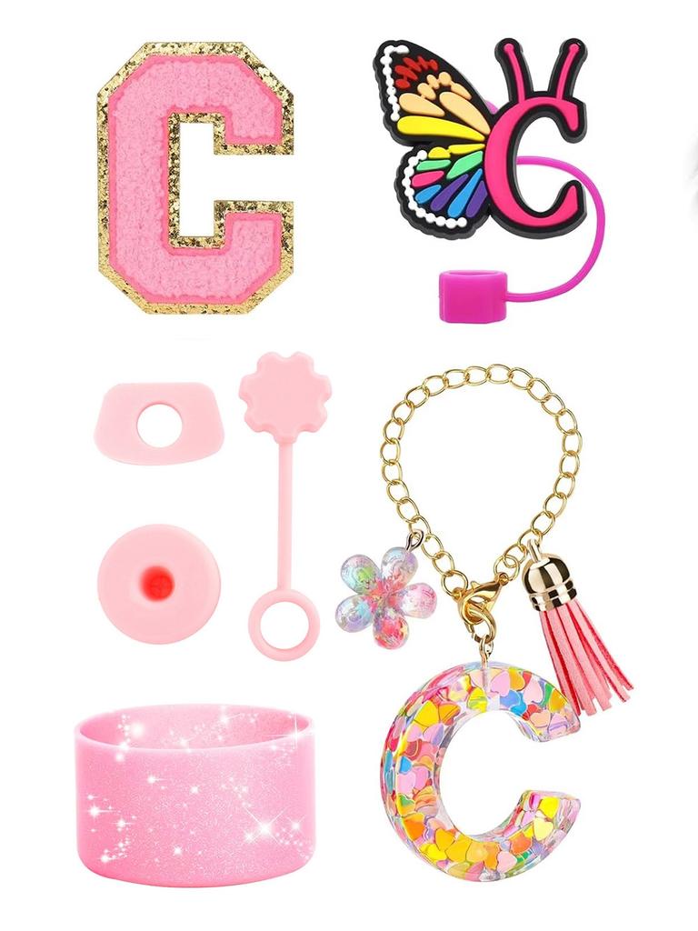 7PCS Cup Accessories Set for Stanley 30oz 40oz Tumbler Initials Silicone Straw Cover Cap Boot Letter Handle Charm Sticker