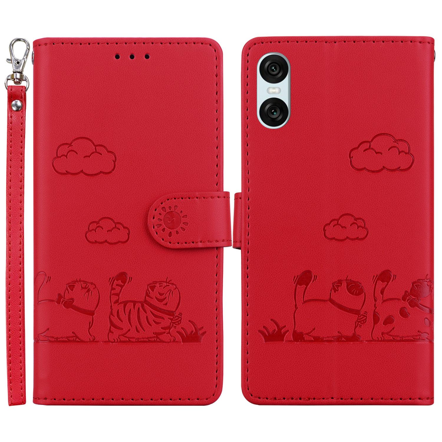 

For Sony Xperia 10 VI Case RFID Blocking Kitten Pattern TPU+PU Leather Phone Cover Red