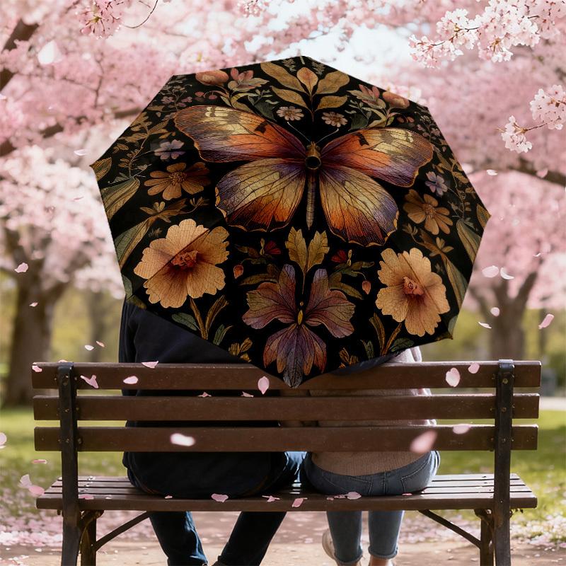 1pc Butterfly Flowers Automatic Folding Umbrella, Heavy Duty 8 Rib Iron Frame,  Suitable for Travel, Daily Use, Birthday, Decor Gift M0104078