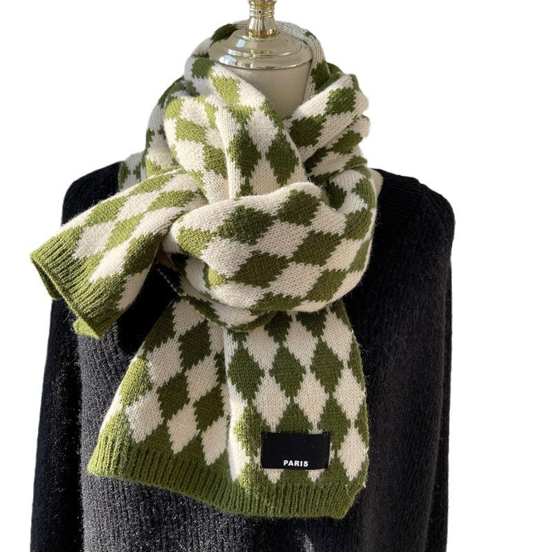 Scarf for Women Autumn and Winter Korean Version Versatile Checkerboard Student Couple Warm Knitted Wool Scarf Spring Festival Festive Red
