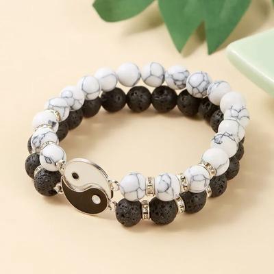 Natürliche vulkanische Lava Stein Tai Chi Yin Yang Paar Armbänder Frauen Männer Weiß Türkisen Runde Perlen Handgemachte Liebhaber Schmuck