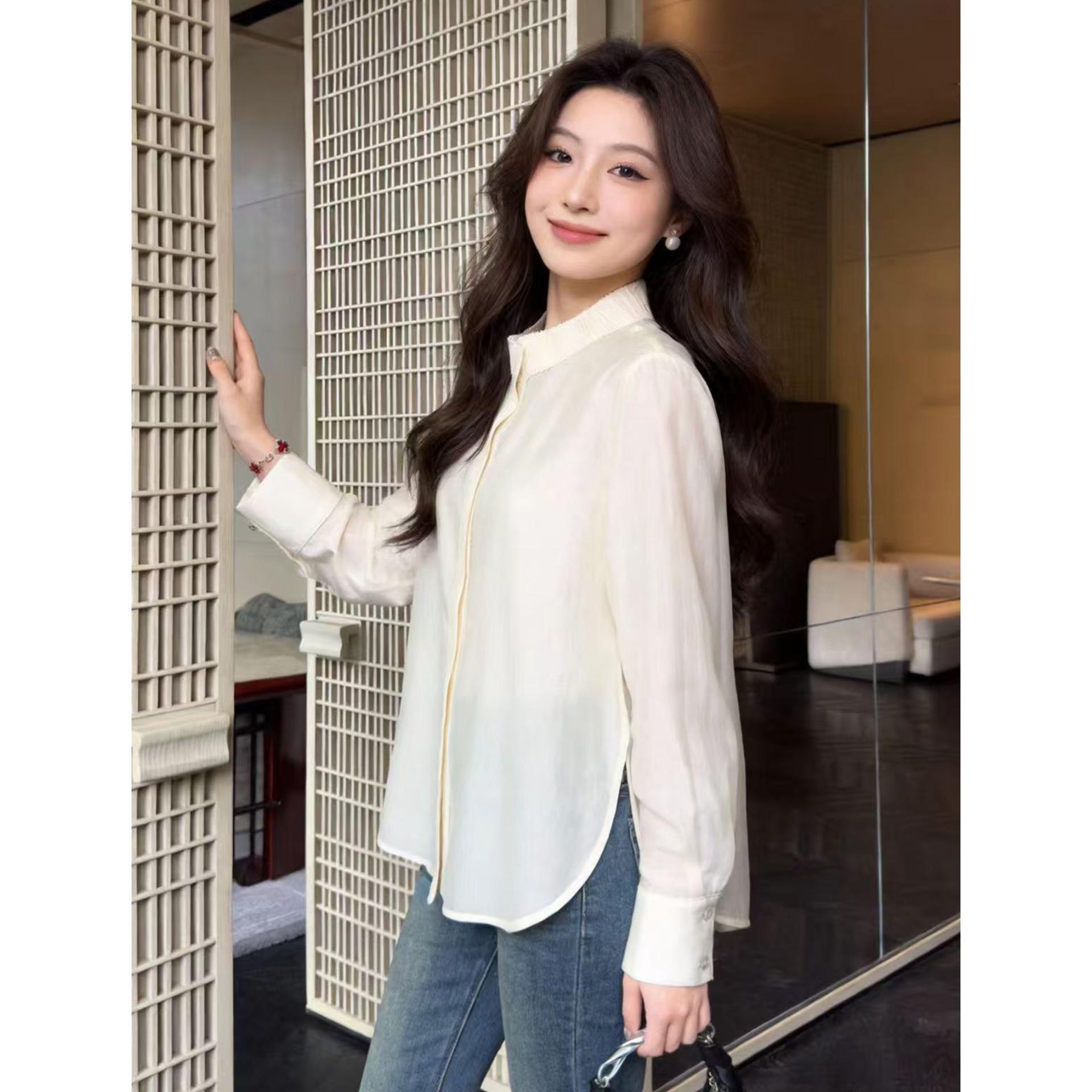 Rongtai Women s 2026 Spring Tencel Glossy Stand Collar Shirt Extra Large бежевый