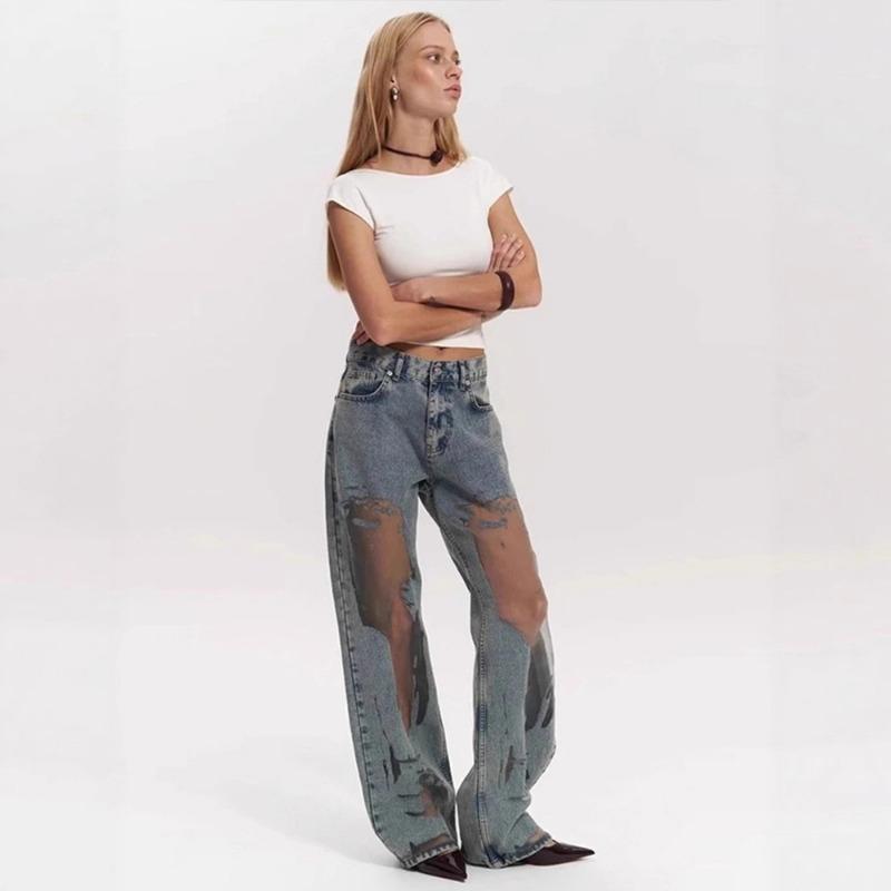 Damen Y2k Amerikanischer Stil Ausgeschnitten Patchwork Locker Gerade Jeans Lang Hosen