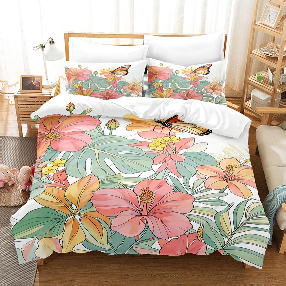 

3pcs Single Size Bedding Sets 3D Printed Watercolor Floral Duvet Cover With 2 Pillowcases Dormitory Bedroom For Students Girls US King(264x229cm)
